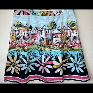 i.e. Woman, Colorful City printed Dress with Gerber Daisy Boarder, Size 22W